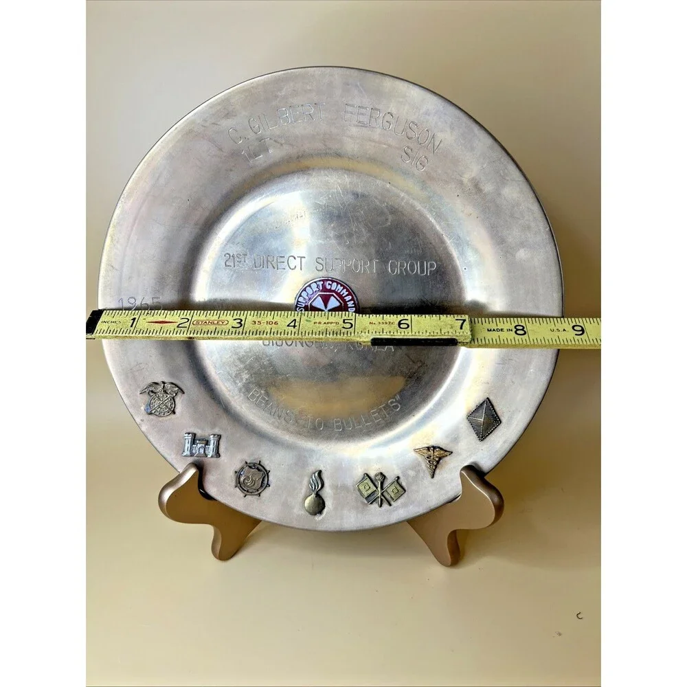 Vintage US Army Military Brass Tray with 7 Emblems- Support Command Korea 8.75